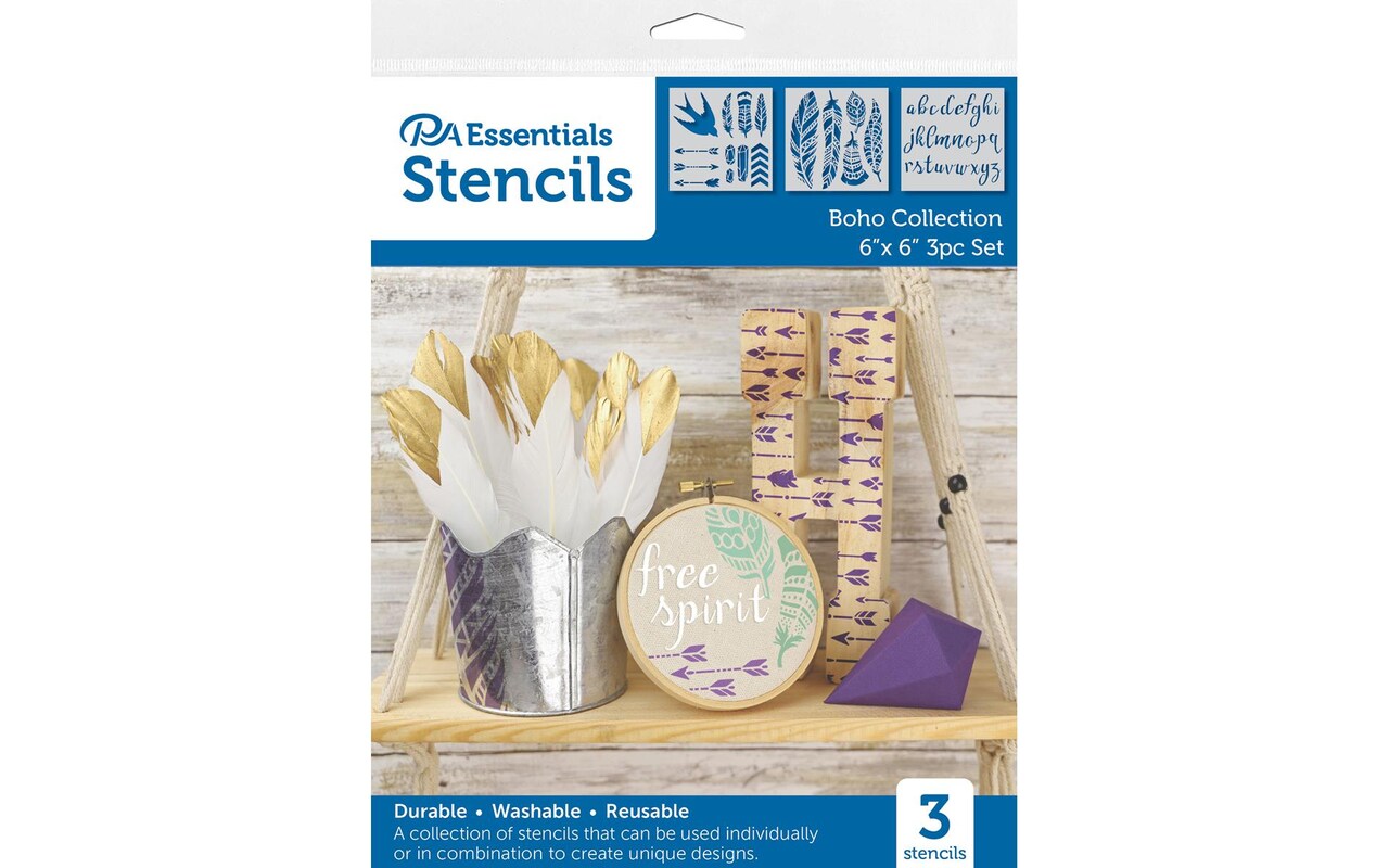 PA Essentials Stencil Boho Collection, 3 piece, for Painting on Wood, Canvas, Paper, Fabric, Wall and Tile, Reusable DIY Art and Craft Stencils for Painting, 6"x6" Inches